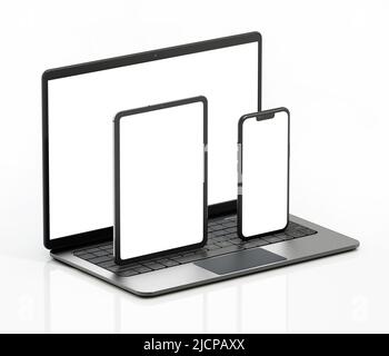 Computer portatile, smartphone e tablet isolati su sfondo bianco. 3D illustrazione. Foto Stock