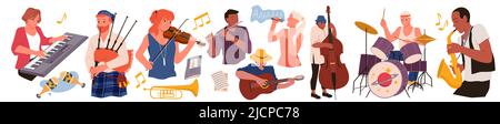 Ampia serie di musicisti che suonano su vari strumenti Illustrazione Vettoriale
