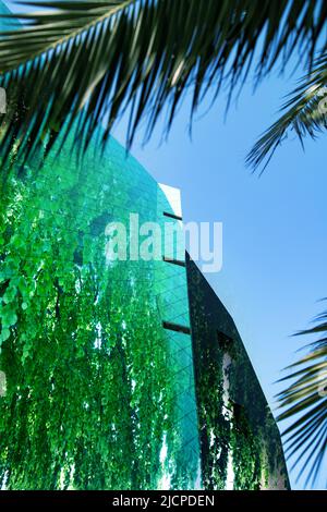 Green City Concept - edificio moderno e lussureggiante foresta verde foto a doppia esposizione Foto Stock