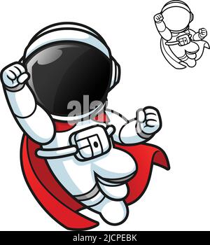 Carino astronauta in stile supereroe indossando un mantello con disegno artistico a linee bianche e nere, Science Outer Space, Vector Character Illustration Illustrazione Vettoriale