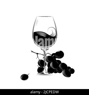 Un bicchiere di vino e un mazzo di uve nello stile di un'incisione. Illustrazione vettoriale in bianco e nero Illustrazione Vettoriale