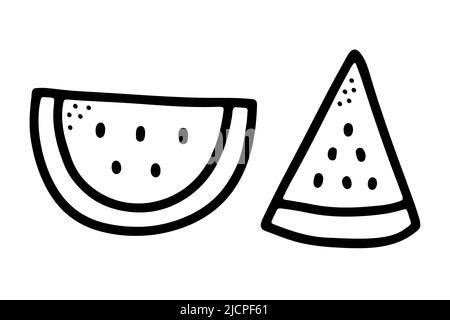 Fettine semicircolari triangolari di cocomero su sfondo bianco. Dodle frutta fresca kawaii. Contorno estate succosa cibo. Immagine Sweet Treat disegnata a mano. Illustrazione Vettoriale