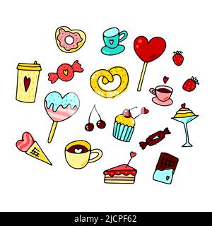 Dolci del giorno Doodle Valentines, set da caffè. Dessert fatti a mano con cuori carini. Colore caramella festiva, torta, bevande, bacche, gelato, ciambella, cioccolato Illustrazione Vettoriale