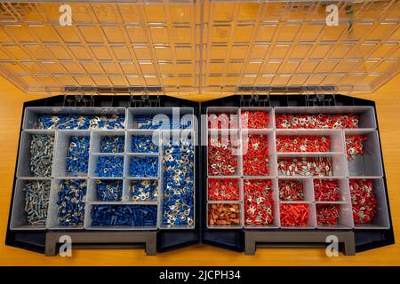 Contenitore in plastica per diversi tipi di boccole, detti anche connettori per fili, ordinati per colore e funzione Foto Stock
