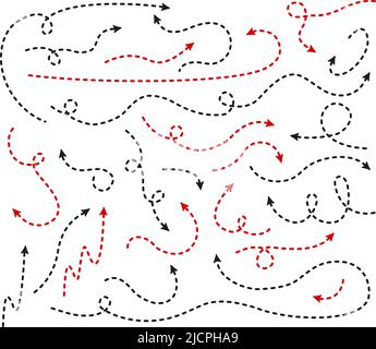 Frecce grandi e segni di direzione. Linea sottile tratteggiata con freccia. Linee tratteggiate con frecce, avanti, indietro, su, giù. Le frecce rosse e nere vettoriali, sono Illustrazione Vettoriale