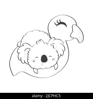 Carino Koala Clipart nero e bianco per le vacanze e le merci dei bambini. Happy clip Art colorazione pagina Koala Bear su un giocattolo gonfiabile. Illustrazione vettoriale di Illustrazione Vettoriale