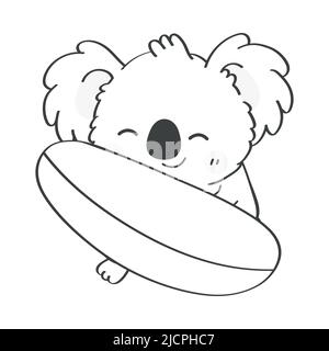 Koala Bear Clipart Coloring Page in carino stile cartoon bella clip Art Koala nero e bianco con Surfboard. Illustrazione vettoriale di un animale per Illustrazione Vettoriale