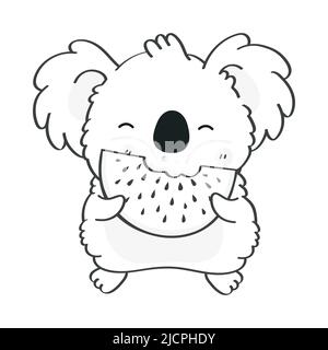 Clipart Koala Coloring Page in stile cartoon. Cute clip Art Koala Bear Black and White mangiare Watermelon. Illustrazione vettoriale di un animale per Illustrazione Vettoriale