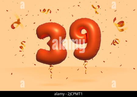 3D numero 39 Vendita di sconto promozione fatta di realistic confetti foglio 3D Orange elio palloncino vettore. Illustrazione per la vendita di poster, banner pubblicitari, Illustrazione Vettoriale