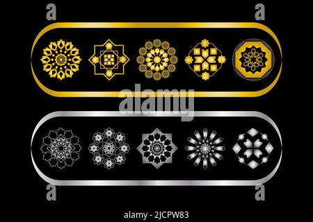 Set di icone astratte per motivi arabi. Set di simboli arrotondati, spirografie vettoriali. Lussuoso logo astratto a forma geometrica, set vettoriale concettuale. Illustrazione Vettoriale