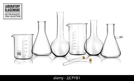 Raccolta di vetreria chimica vuota in laboratorio isolata su sfondo bianco. Vettore realistico, illustrazione 3D Illustrazione Vettoriale