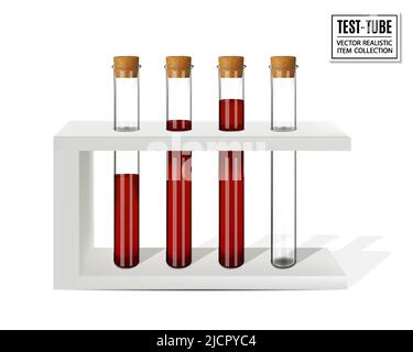 Provette con sangue su un supporto isolato su bianco. Vettore realistico Illustrazione Vettoriale