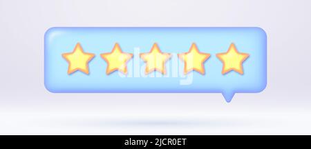 3d bolla del parlato con cinque stelle isolata su sfondo grigio. Concetto di revisione del cliente Illustrazione Vettoriale