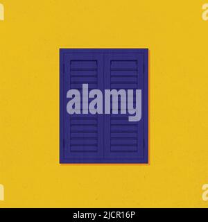 Realistico blu reale tradizionale stile chiuso finestra su gesso giallo parete vettore illustrazione risorsa grafica Illustrazione Vettoriale
