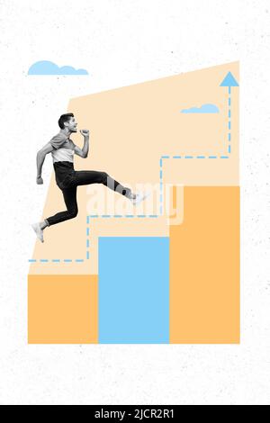 Grafica creativa astratta template immagine di un ragazzo che corre su scale isolato sfondo pastello Foto Stock