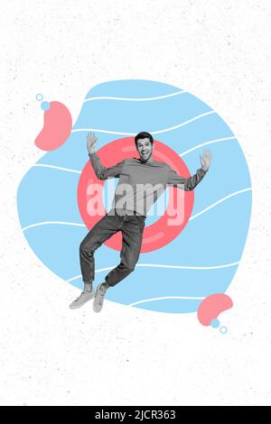 Immagine di collage composito verticale di persona spensierata positiva effetto bianco nero posa disegno gonfiabile cerchio acqua Foto Stock