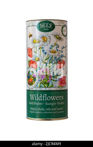 Tub of Bees Seeds Wildflowers Seed Shaker isolato su sfondo bianco - colorato misto di fiori selvatici - bilingue in inglese e tedesco Foto Stock