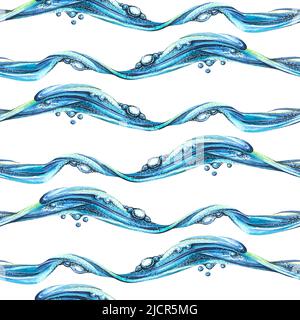 Onde d'acqua, blu. Blu, a ripetizione su sfondo bianco. L'illustrazione dell'acquerello è senza giunture. Per tessuti, tessuti, fodere, confezioni Foto Stock