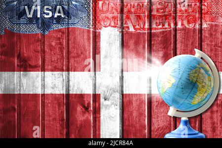 Stati Uniti d'America visto documento, bandiera del Sovrano militare Ordine di Malta e globo in background. Il concetto di viaggio verso gli Stati Uniti Foto Stock