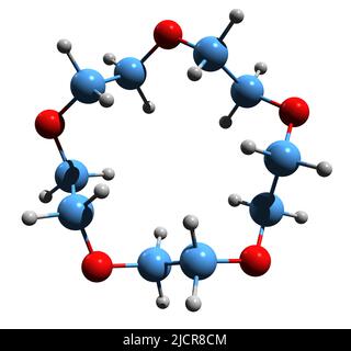 3D immagine della formula scheletrica 15-Crown-5 - struttura chimica molecolare del pentamero di ossido di etilene isolato su sfondo bianco Foto Stock