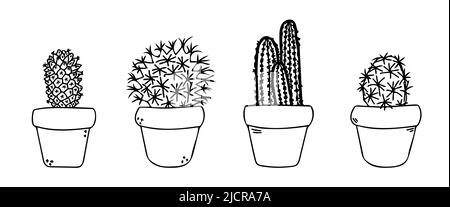 Cactus impostato in icone vettoriali POT. Carino nero succulente illustrazione del profilo. Cactus casa messicana in flowerpot linea art. Illustrazione Vettoriale