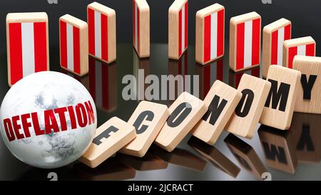 Austria e deflazione, economia e effetto domino - reazione a catena in Austria, scatenata dalla deflazione che provoca un crollo - economia blocchi e bandiera Austria,3D Foto Stock