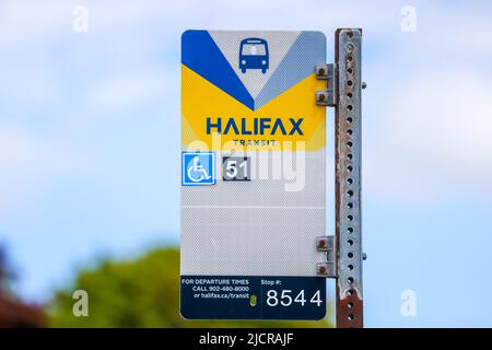 Halifax Transit bus stop informazioni segno post con accesso handicap e numero di fermata per il tracciamento. HALIFAX, NOVA SCOTIA, CANADA - GIUGNO 2022 Foto Stock