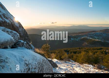 Roccia su cima nevosa al tramonto con cielo blu, pini nevosi in primavera Foto Stock