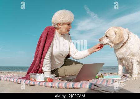 Carente padrona femmina che alimenta il suo cane sulla spiaggia Foto Stock