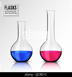 Matracci chimici rotondi in vetro trasparente vettoriale pieni di colore blu e rosa. Becher isolati su sfondo trasparente Illustrazione Vettoriale