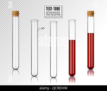 Provette per analisi realistiche vuote vettoriali e provette per analisi con sangue. Con sughero e senza sughero. Illustrazione Vettoriale