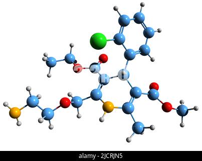 3D immagine della formula scheletrica di Amlodipina - struttura chimica molecolare del calcio-antagonista isolato su sfondo bianco Foto Stock