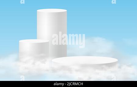 Podio cielo. Sfondo minimalista con podi bianchi nelle nuvole. 3d piedistalli realistici per la dimostrazione dei prodotti e le nuvole di cielo Illustrazione Vettoriale