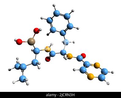 3D immagine della formula scheletrica di bortezomib - struttura chimica molecolare del farmaco antitumorale isolato su sfondo bianco Foto Stock