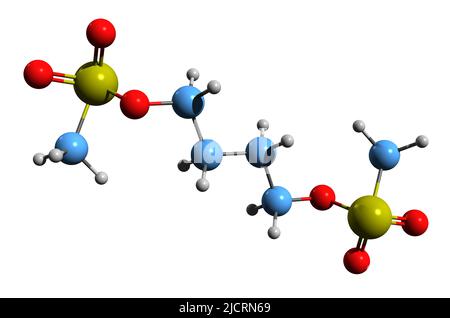 3D immagine della formula scheletrica del busulfan - struttura chimica molecolare del 1,4-butandiolo dimetansolfonato isolato su sfondo bianco Foto Stock