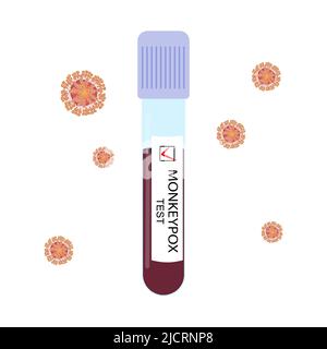 Provetta, campione di sangue con test positivo per virus della scimmia e cellule virali isolate su sfondo bianco. Illustrazione vettoriale. Illustrazione Vettoriale