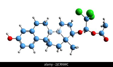 3D immagine di Cloxestradiol acetato formula scheletrica - struttura chimica molecolare di estrogeno steroideo isolato su sfondo bianco Foto Stock