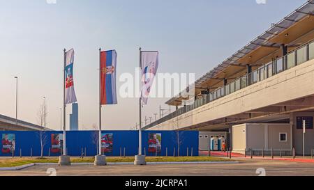 Belgrado, Serbia - 29 marzo 2022: Terminal della stazione ferroviaria presso le ferrovie serbe di New Belgrado. Foto Stock