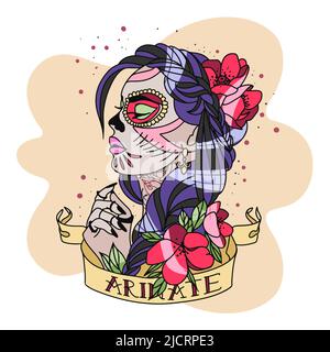 Bella ragazza in stile Chicano, con un tatuaggio, rose nei capelli, un uccello sul collo, un nastro con una firma, gioielli sul viso, piercing Illustrazione Vettoriale