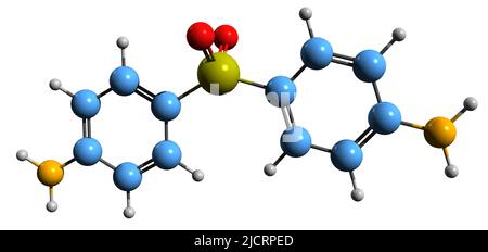 3D immagine del dapsone formula scheletrica - struttura chimica molecolare del diamminodifenil solfone isolato su sfondo bianco Foto Stock