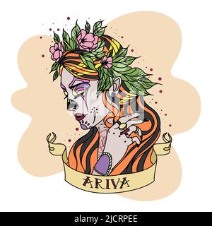 Bella ragazza in stile Chicano, con un tatuaggio, rose nei capelli, un uccello sul collo, un nastro con una firma, gioielli sul viso, piercing Illustrazione Vettoriale