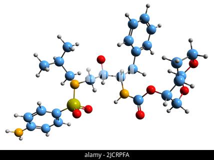 3D immagine della formula scheletrica di Darunavir - struttura chimica molecolare del farmaco antiretrovirale isolato su sfondo bianco Foto Stock