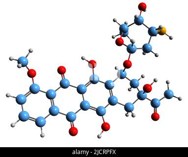 3D immagine della Daunorubicina formula scheletrica - struttura chimica molecolare della daunomicina isolata su sfondo bianco Foto Stock