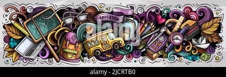 Cartoon carino doodles Scuola banner design. Illustrazione colorata Foto Stock