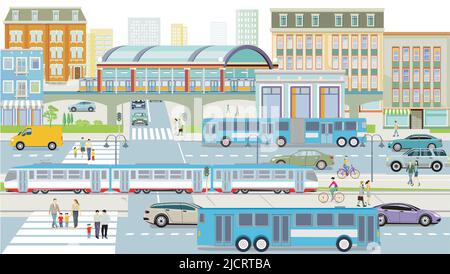 Traffico stradale con autobus e treno sopraelevato Illustrazione Vettoriale