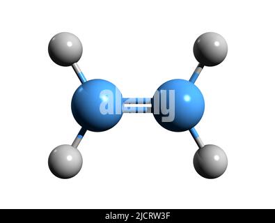 3D immagine della formula scheletrica dell'etilene - struttura chimica molecolare dell'etene isolato su sfondo bianco, Foto Stock