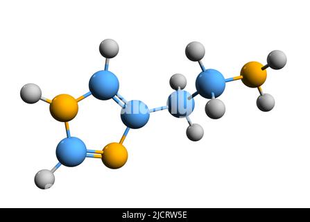 3D immagine della formula scheletrica istaminica - struttura chimica molecolare del mediatore del prurito isolato su sfondo bianco, Foto Stock