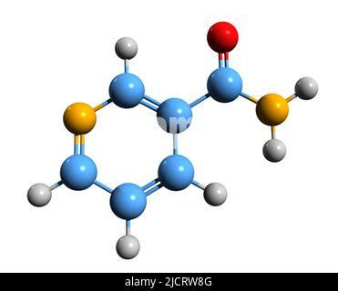 3D immagine della formula scheletrica della nicotinammide - struttura chimica molecolare della vitamina B3 o della niacinammide isolata su sfondo bianco, Foto Stock