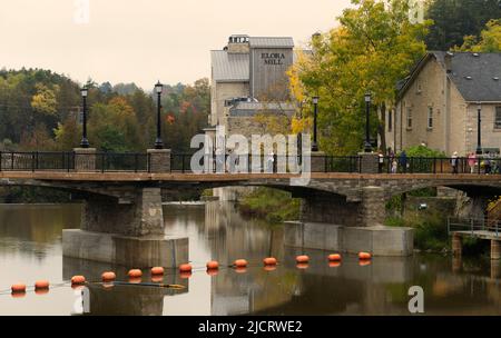 La città di Elora e l'Elora Mill Hotel and Spa, con il Grand River in primo piano. Ontario, Canada. Foto Stock