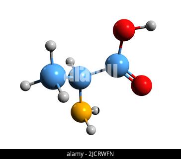 3D immagine della formula scheletrica dell'alanina - struttura chimica molecolare dell'amminoacido 2-amminopropanoico isolato su sfondo bianco Foto Stock